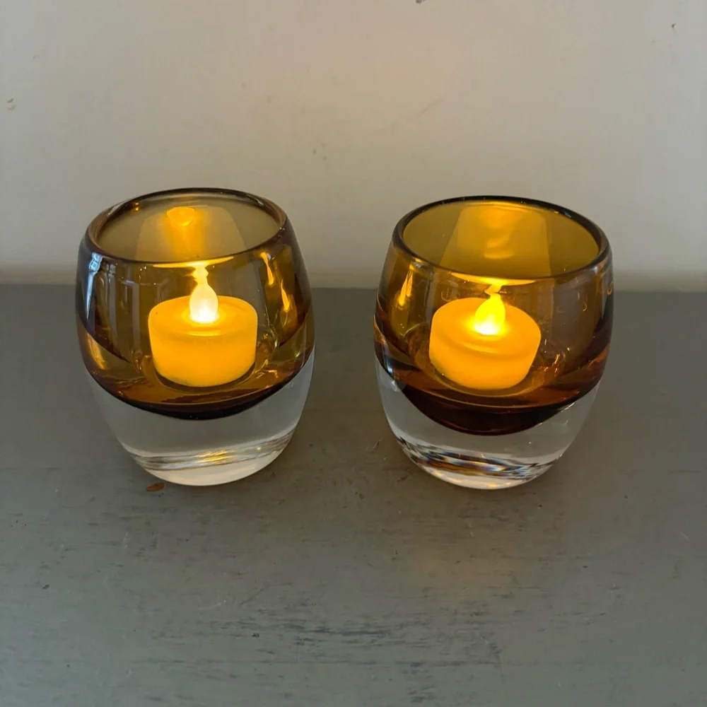 Pair Of Crate&Barrel Amber Topaz Diva Glass Votive Candle Holders
